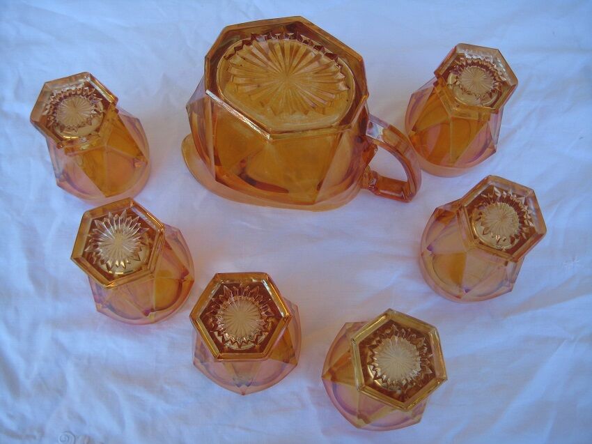 Old orange service pitcher & 6 glasses