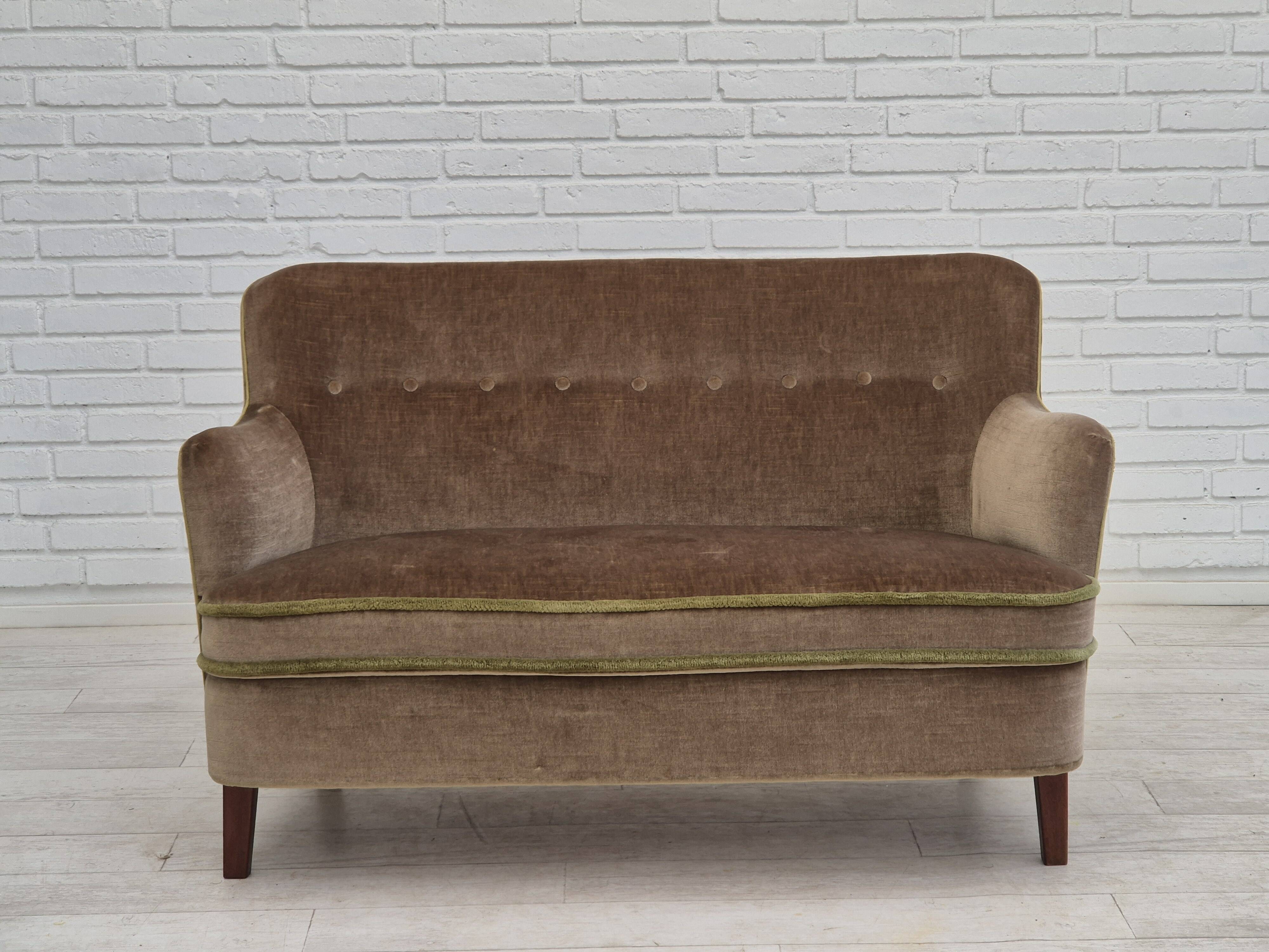1960s, Danish 2 seater sofa, original condition, furniture velour, beech wood legs.