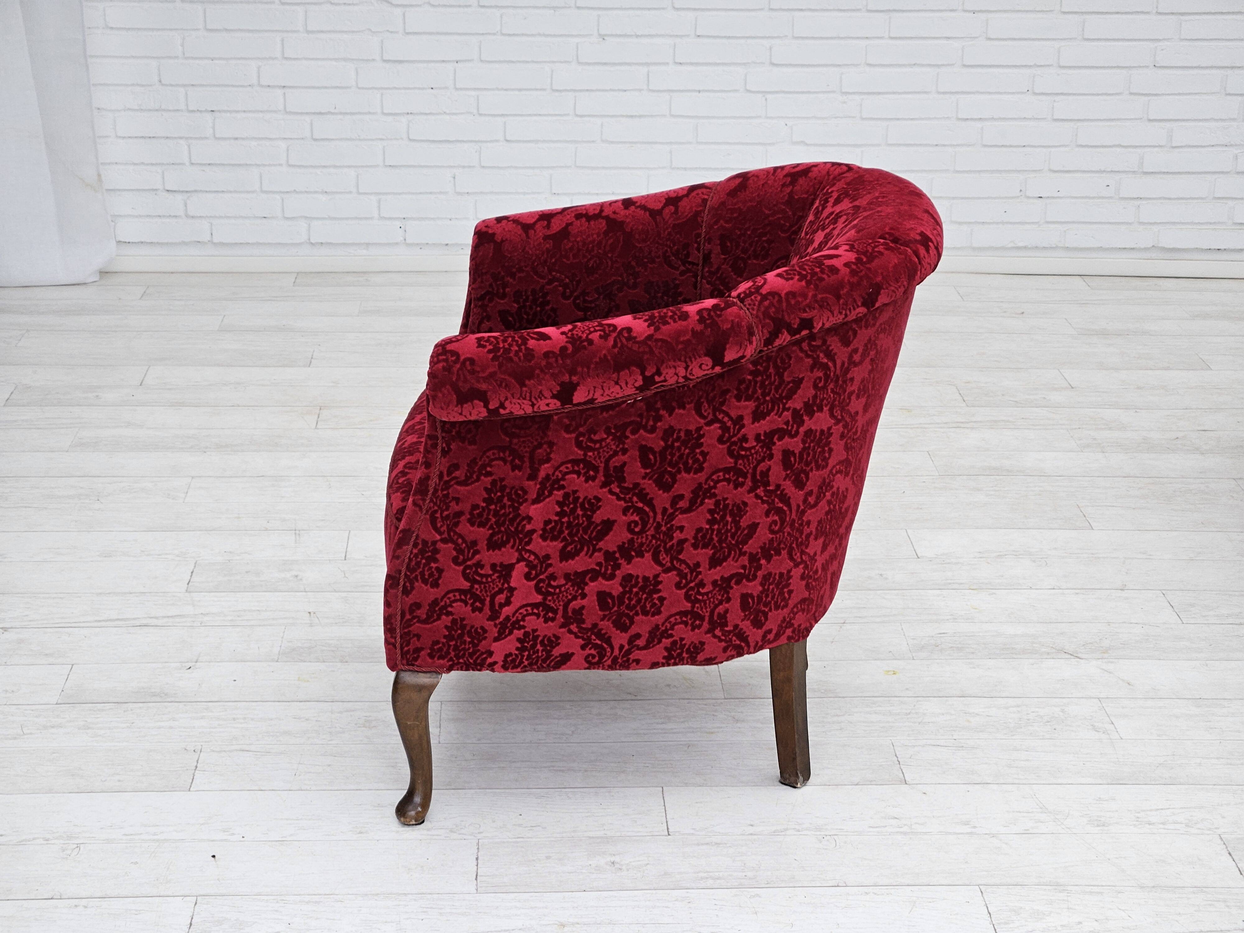 1950s, pair of Danish lounge chairs, red cotton/wool fabric.