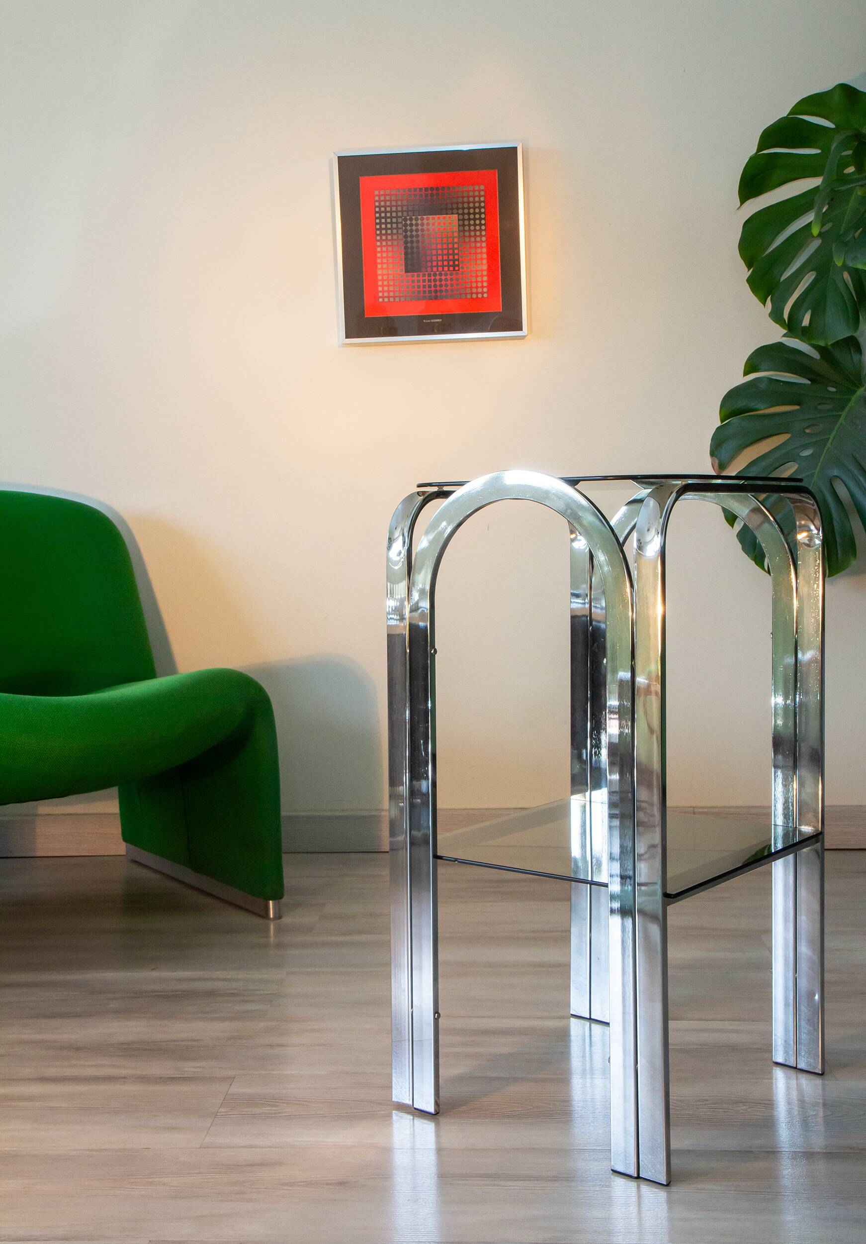 1970 chrome and smoked glass side table