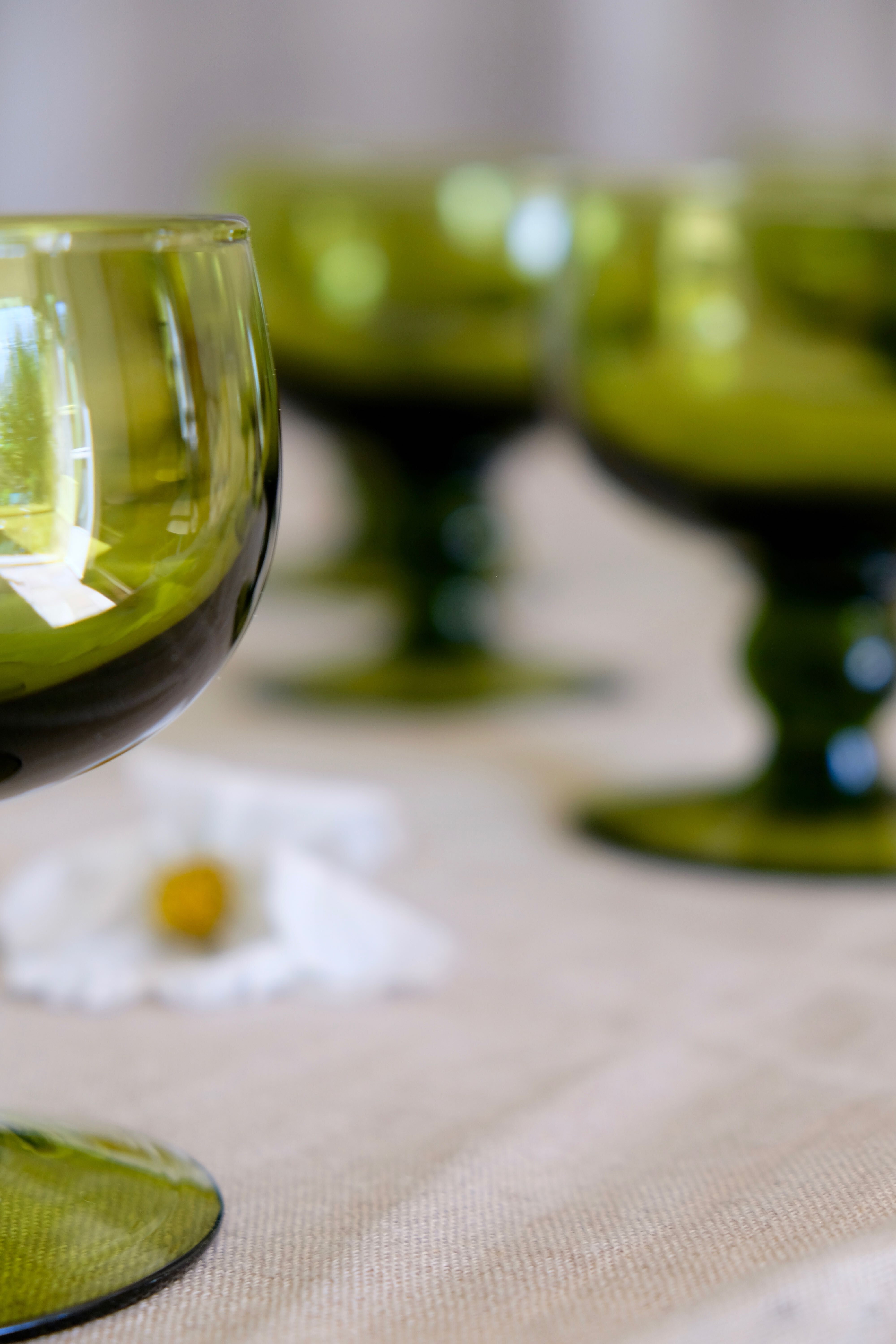 Set of 12 olive green wine glasses, mouth soufflé from the 50s