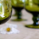 Set of 12 olive green wine glasses, mouth soufflé from the 50s