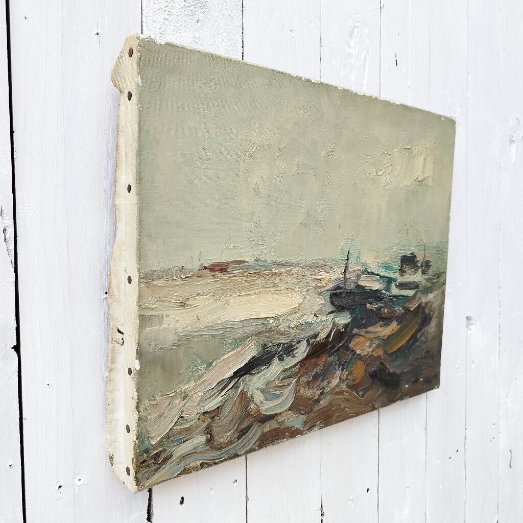 Oil on canvas boats in storm