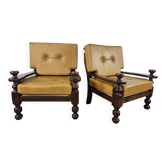 1980s leather and solid wood armchairs