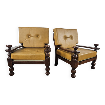 1980s leather and solid wood armchairs