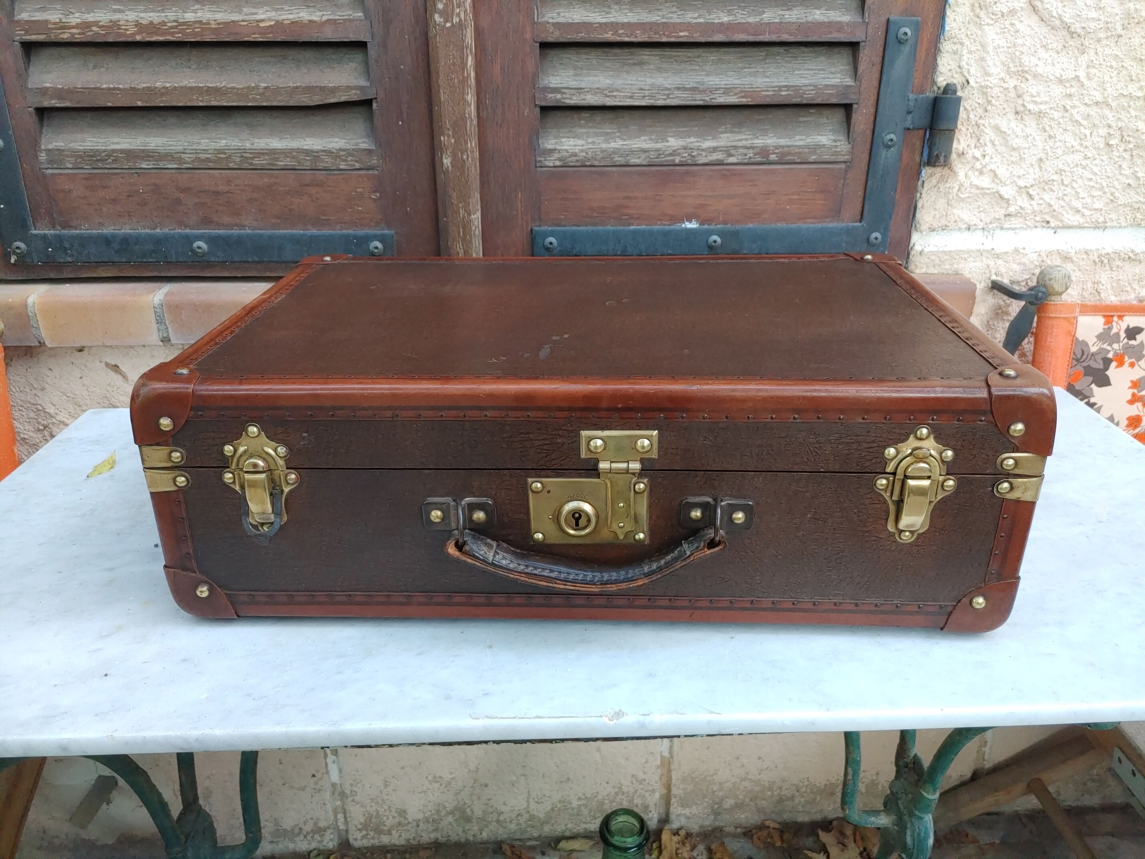 Old suitcase wood canvas leather & brass