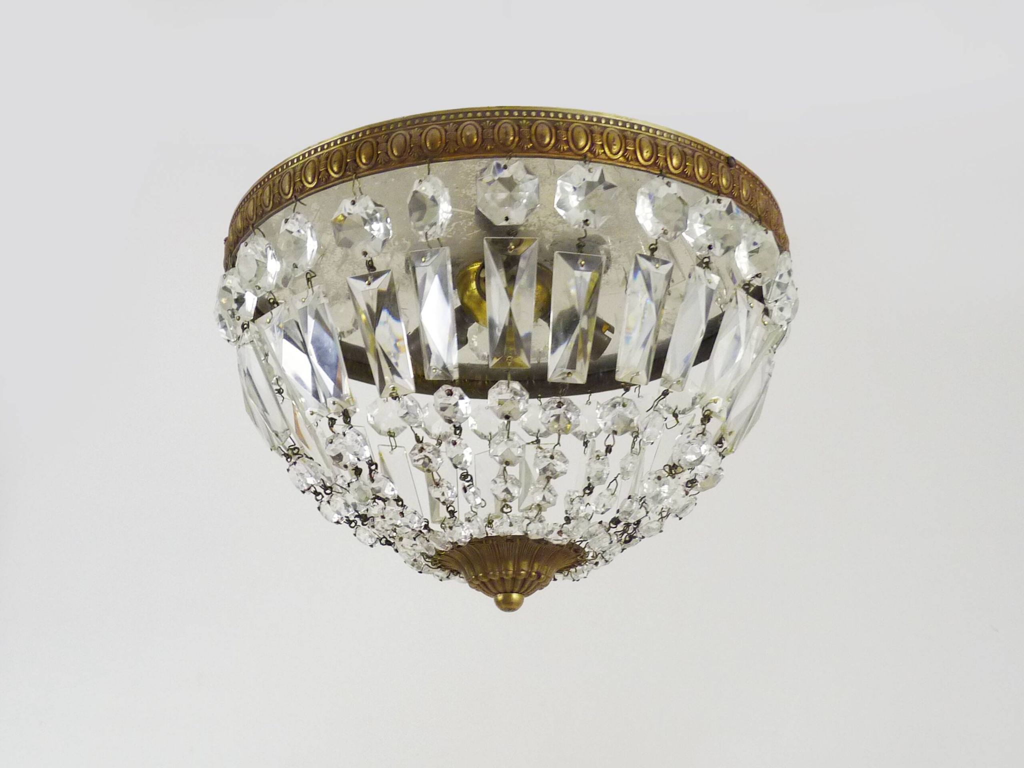 Old crown ceiling light with 3 lights, half basket with glass pendants. Louis XVI style. The 50's