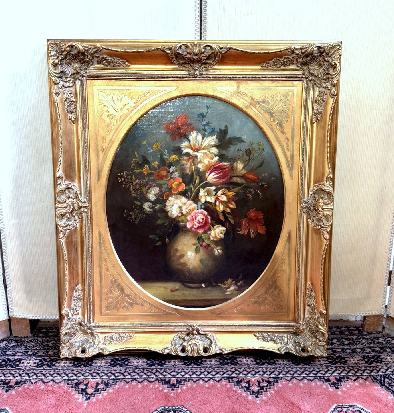 Tableau huile sur toile XXème : nature morte aux fleurs