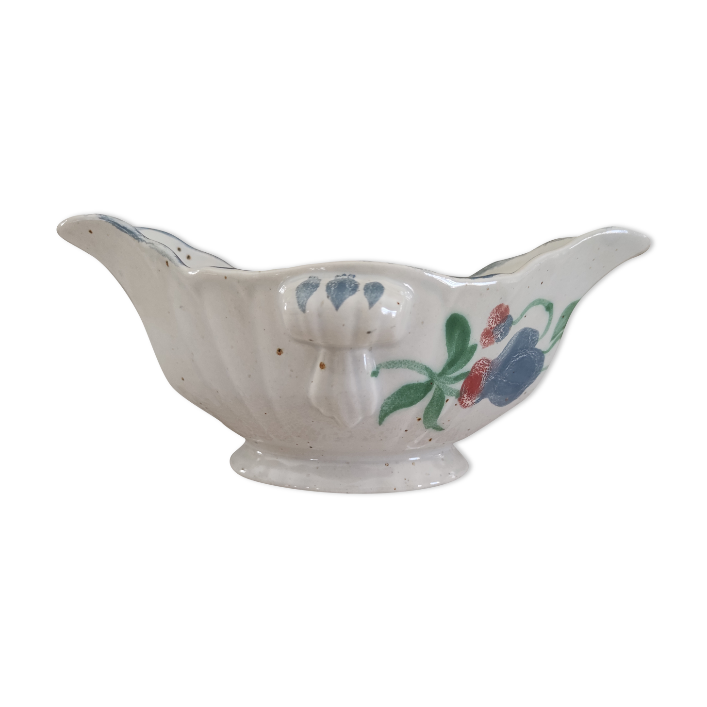 Saucière Salins France in speckled earthenware light blue foral decoration