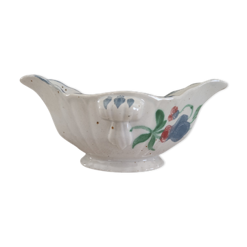 Saucière Salins France in speckled earthenware light blue foral decoration