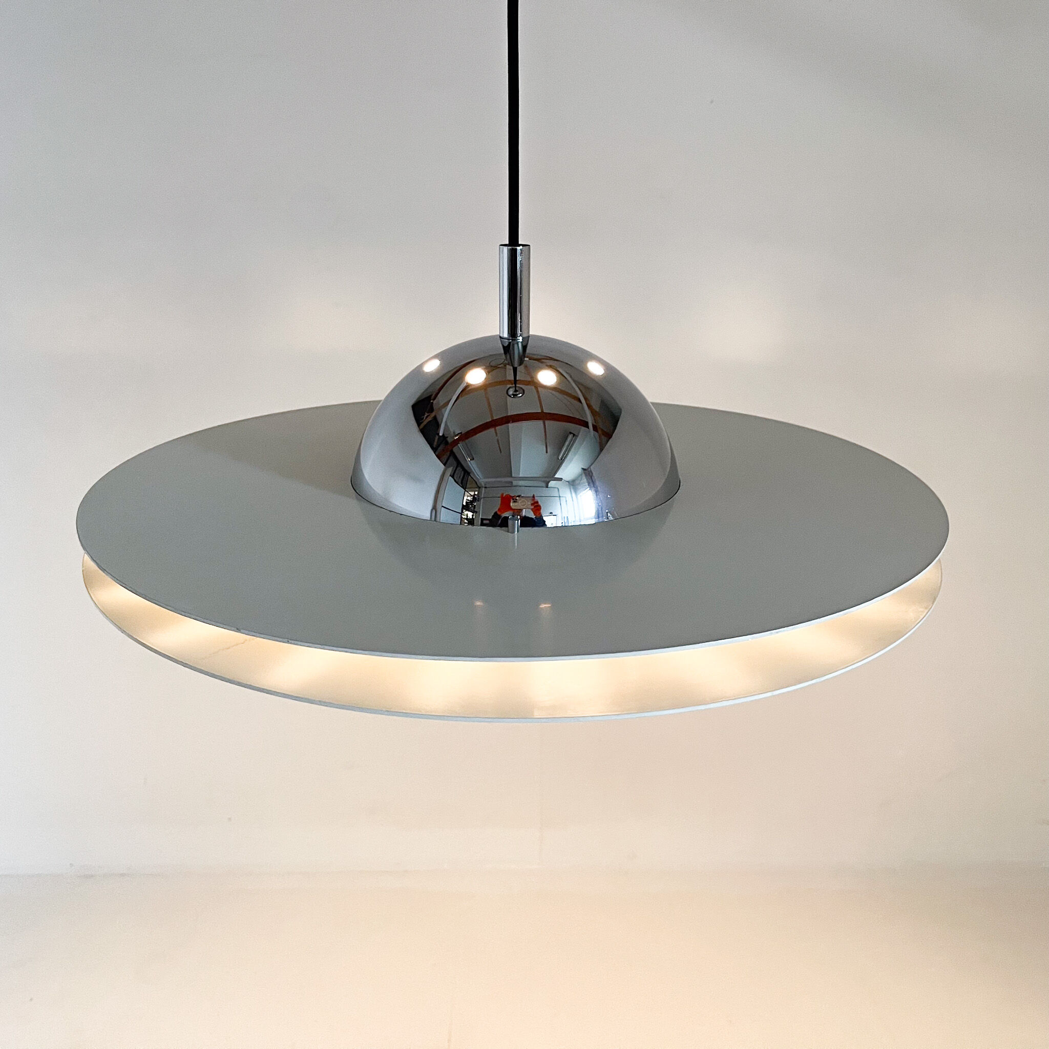 1970's ufo chrome & lacquered metal space age pendant, Italy