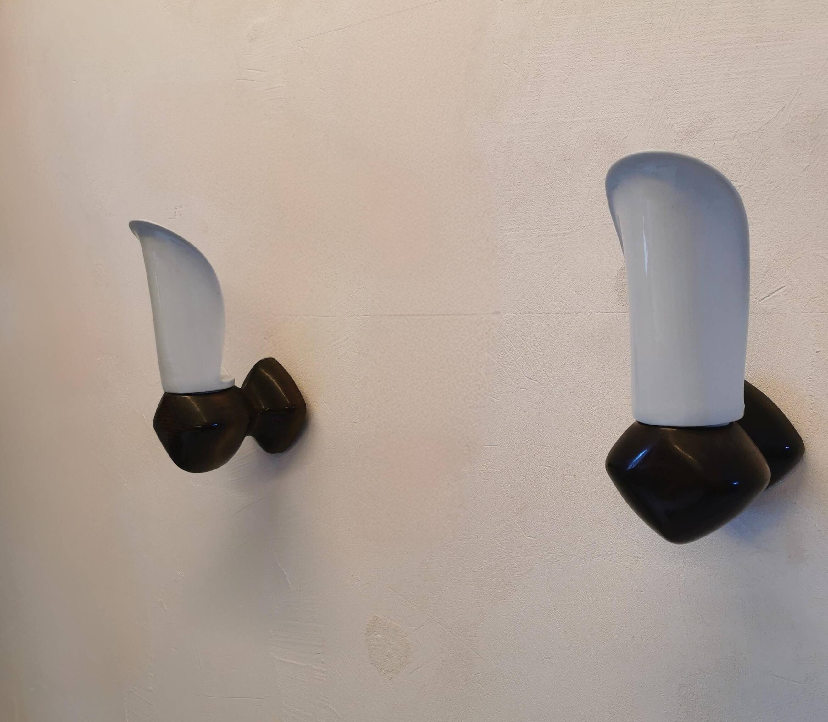 Pair of wood and earthenware sconces