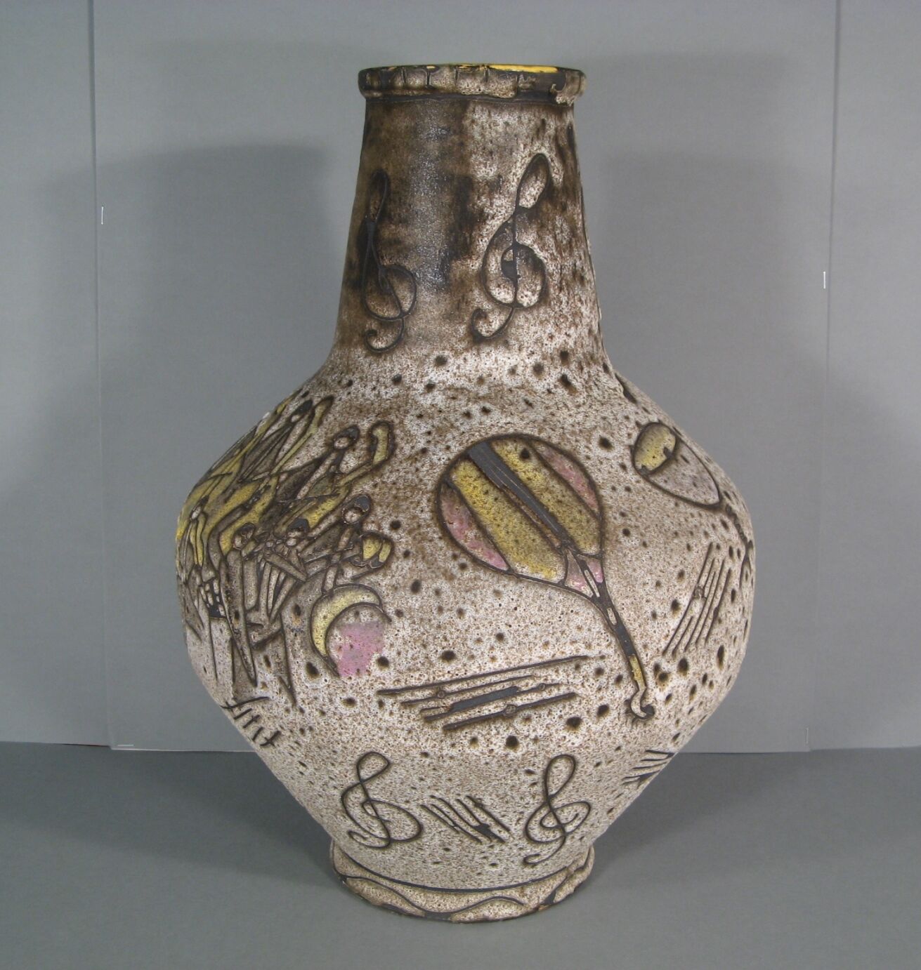 Vallauris ceramic vase signed Bessone décor orchestra instrument music