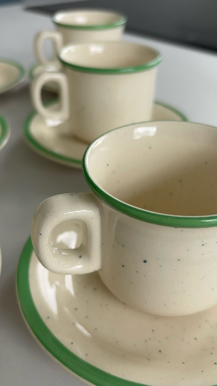 Set of 6 vintage speckled beige and green espresso cups – coffee service