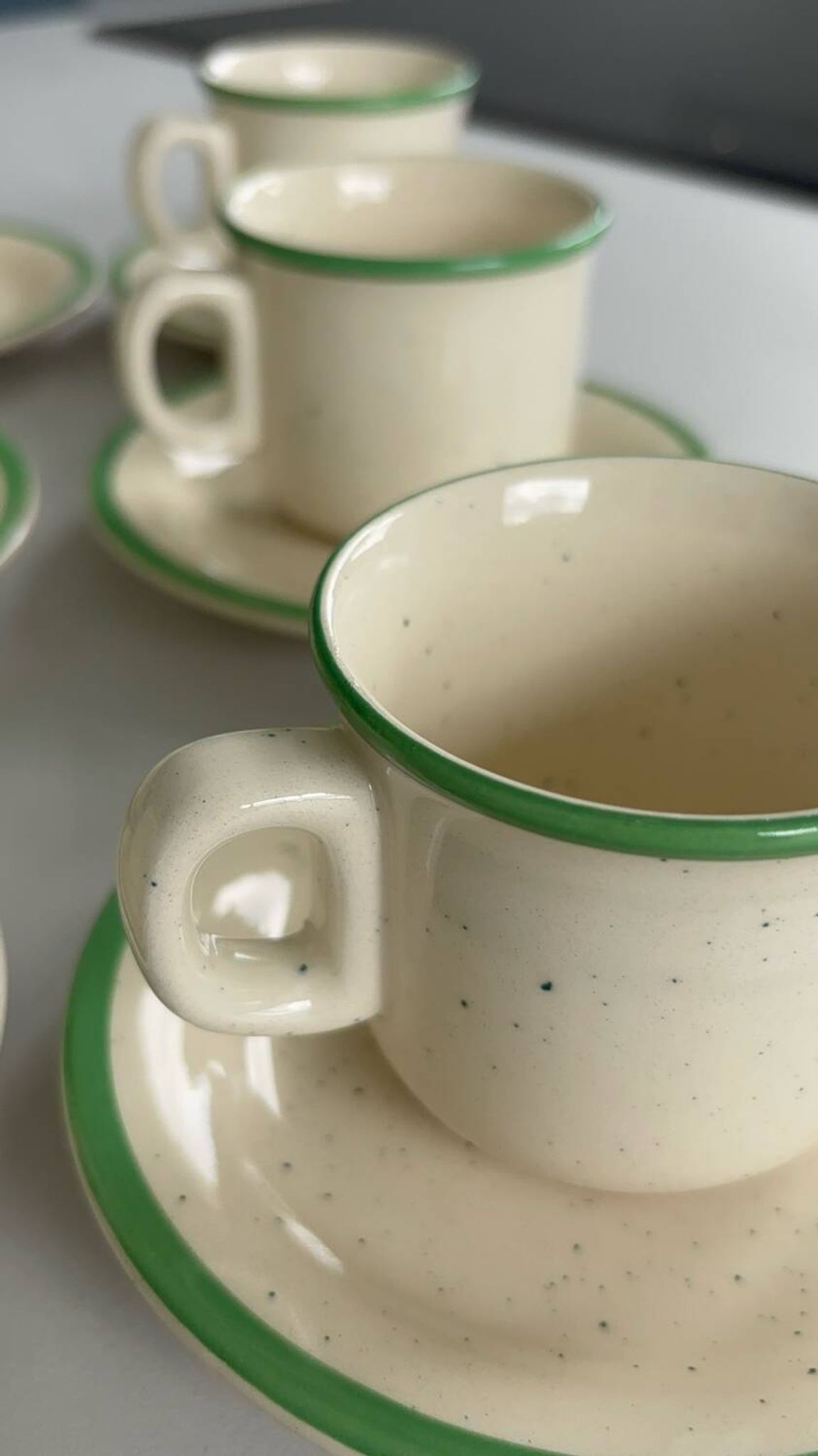 Set of 6 vintage speckled beige and green espresso cups – coffee service