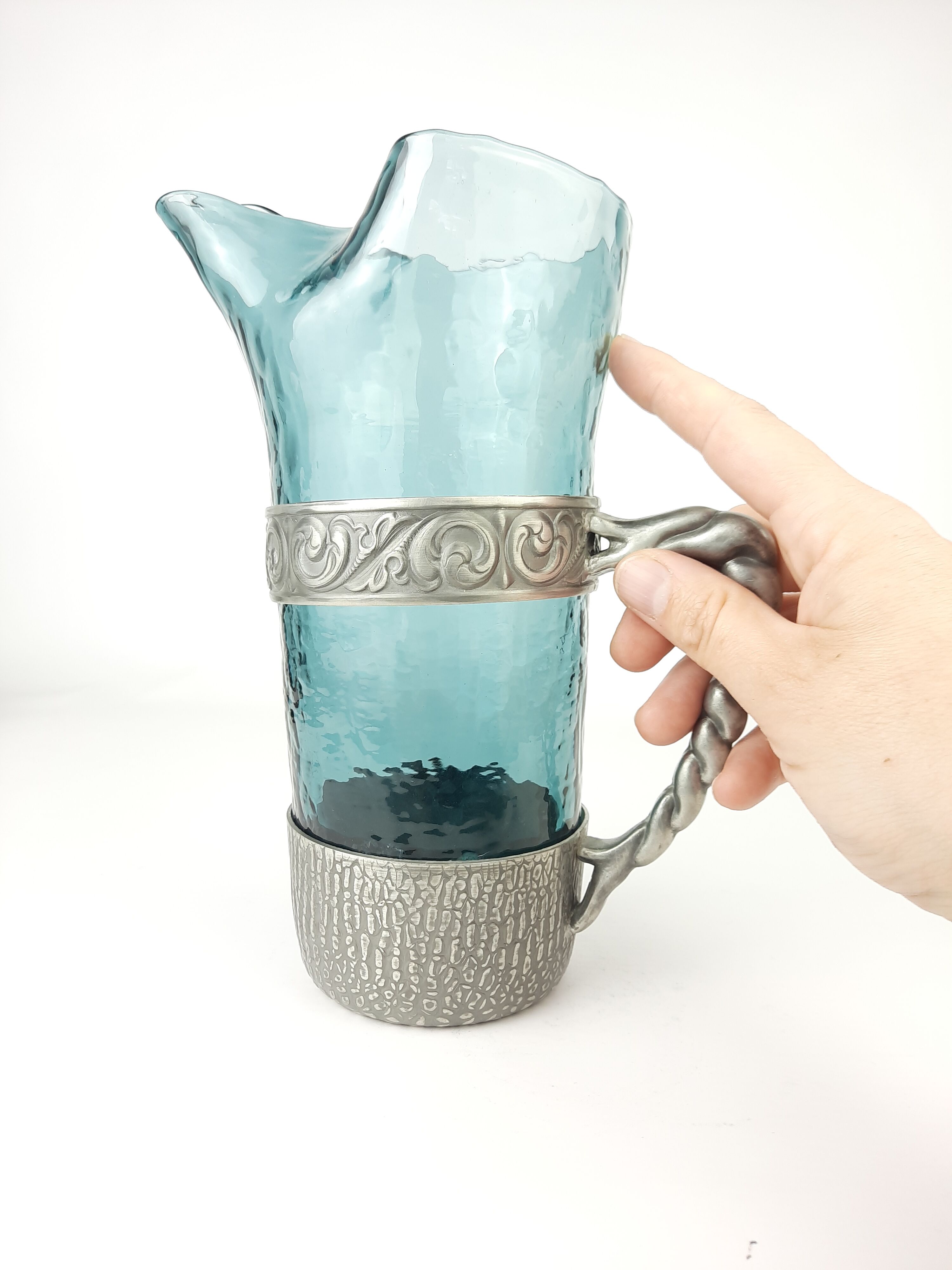 Hadeland Glass pitcher by Willy Johansson, pewter holder, vintage