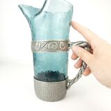 Hadeland Glass pitcher by Willy Johansson, pewter holder, vintage