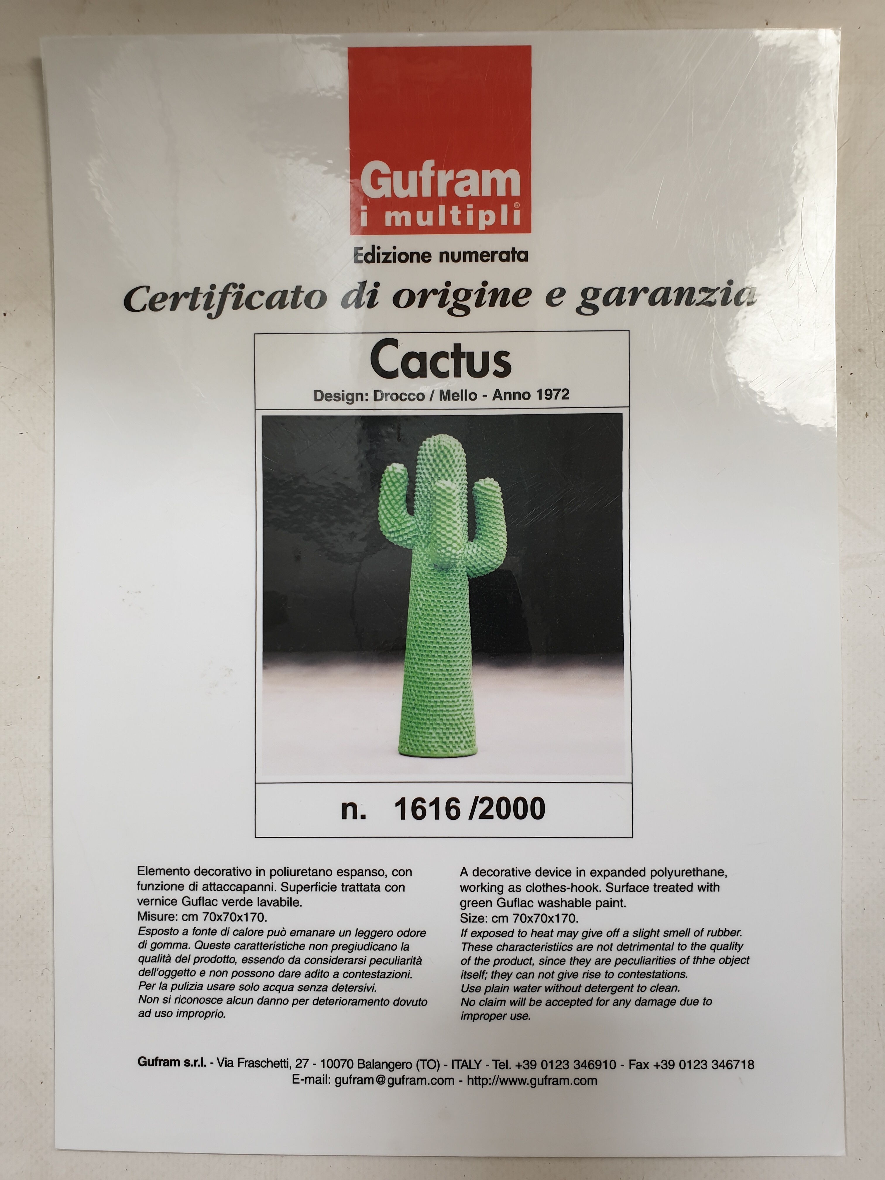 Gufram Cactus, 1972 by Guido Drocco and Franco Mello 1616/2000 Original Green