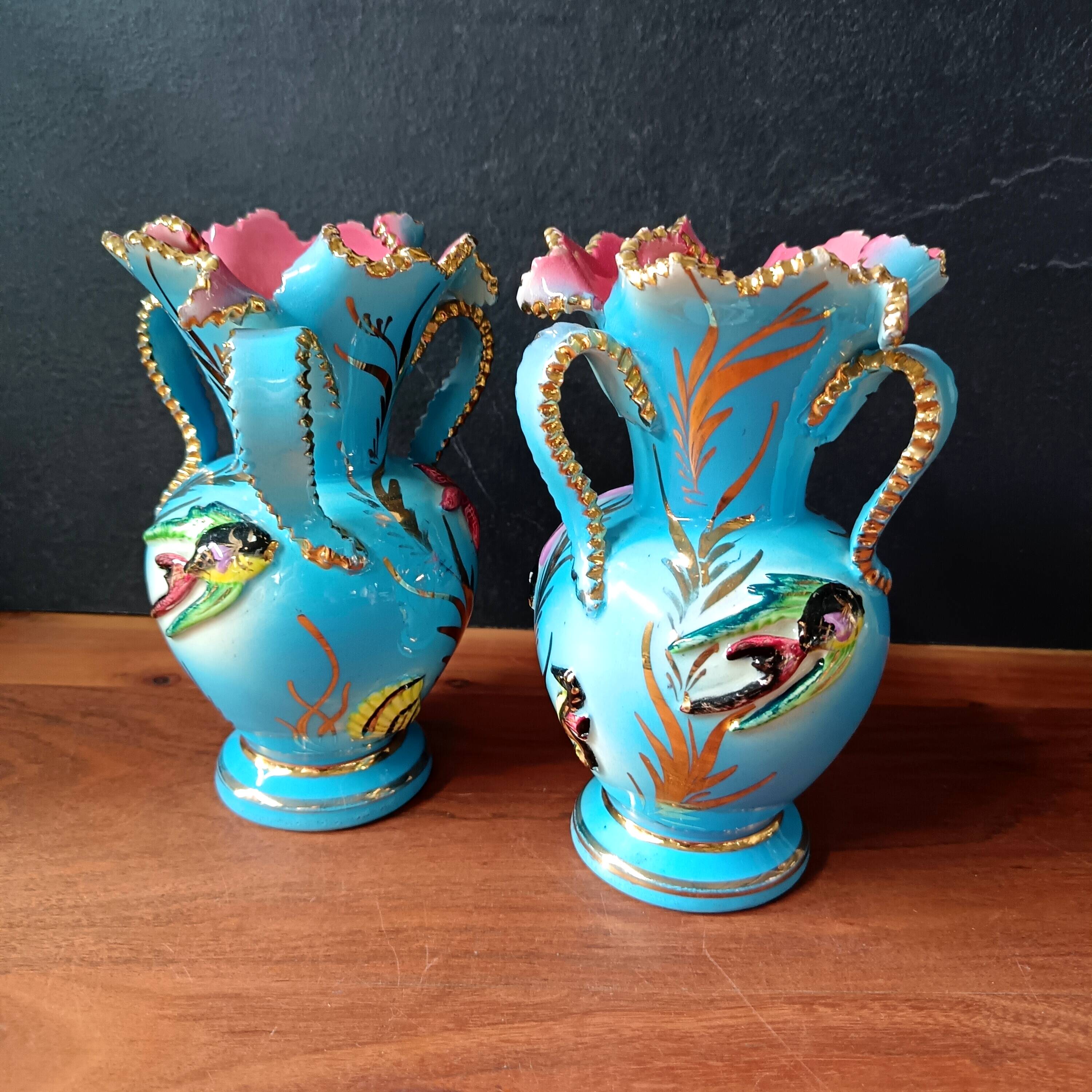 Pair of vintage blue pink ceramic VASES Ceroc Monaco