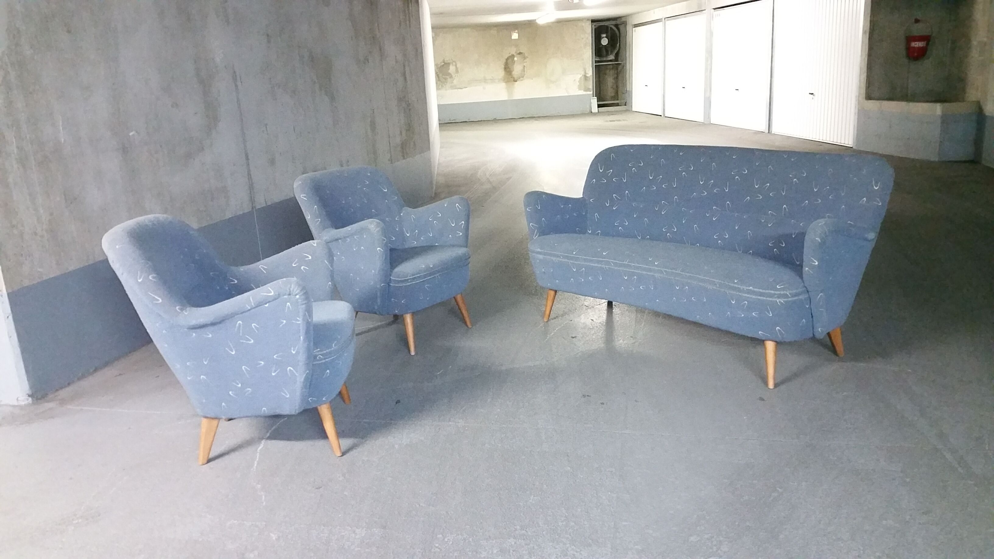 Set sofa and 2 armchairs vintage 50/60s organic fabrics vintage original