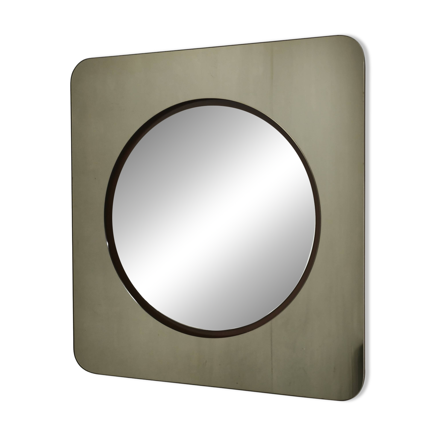 1970s Italian Space Age Smoked Glass and Circular Wall Mirror
