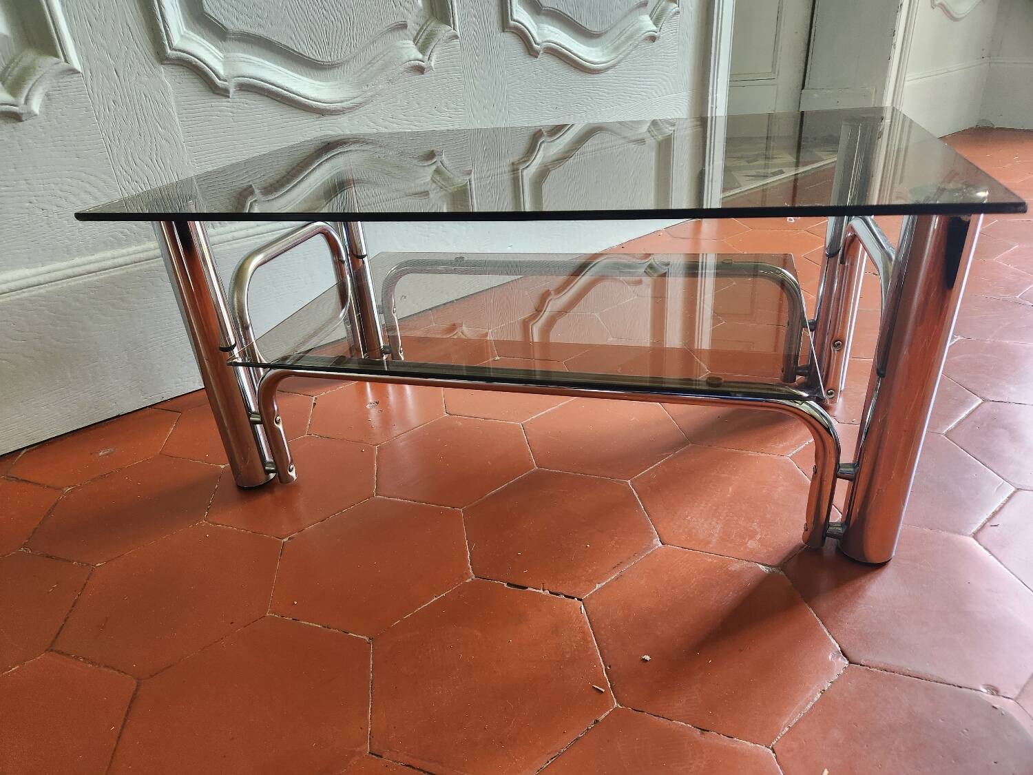 70s chrome and smoked glass coffee table