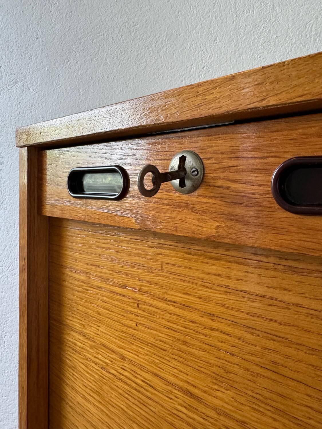 1960s wooden curtain filing cabinet