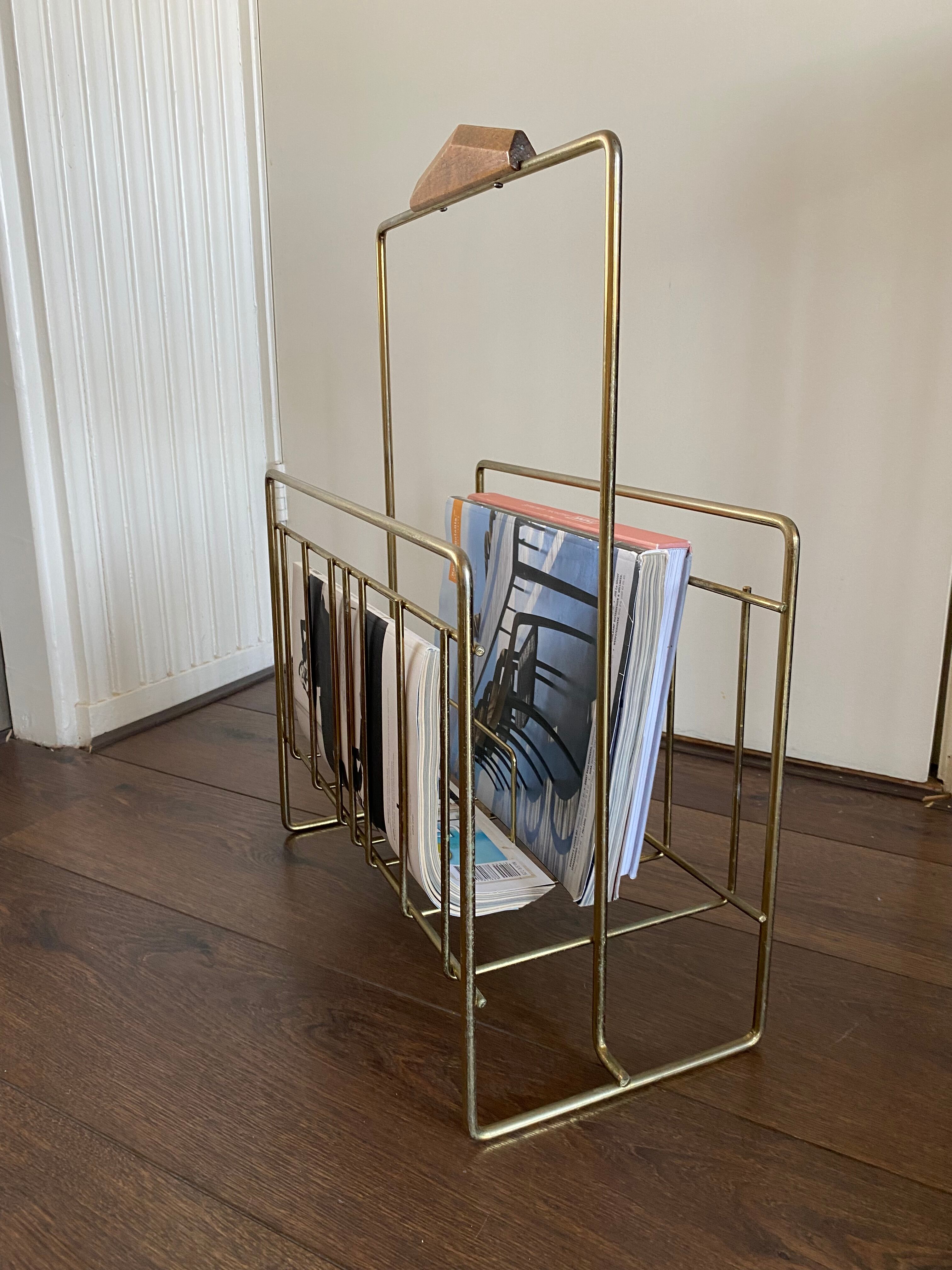 Vintage Magazine Rack in Brass and Wood, 1960s