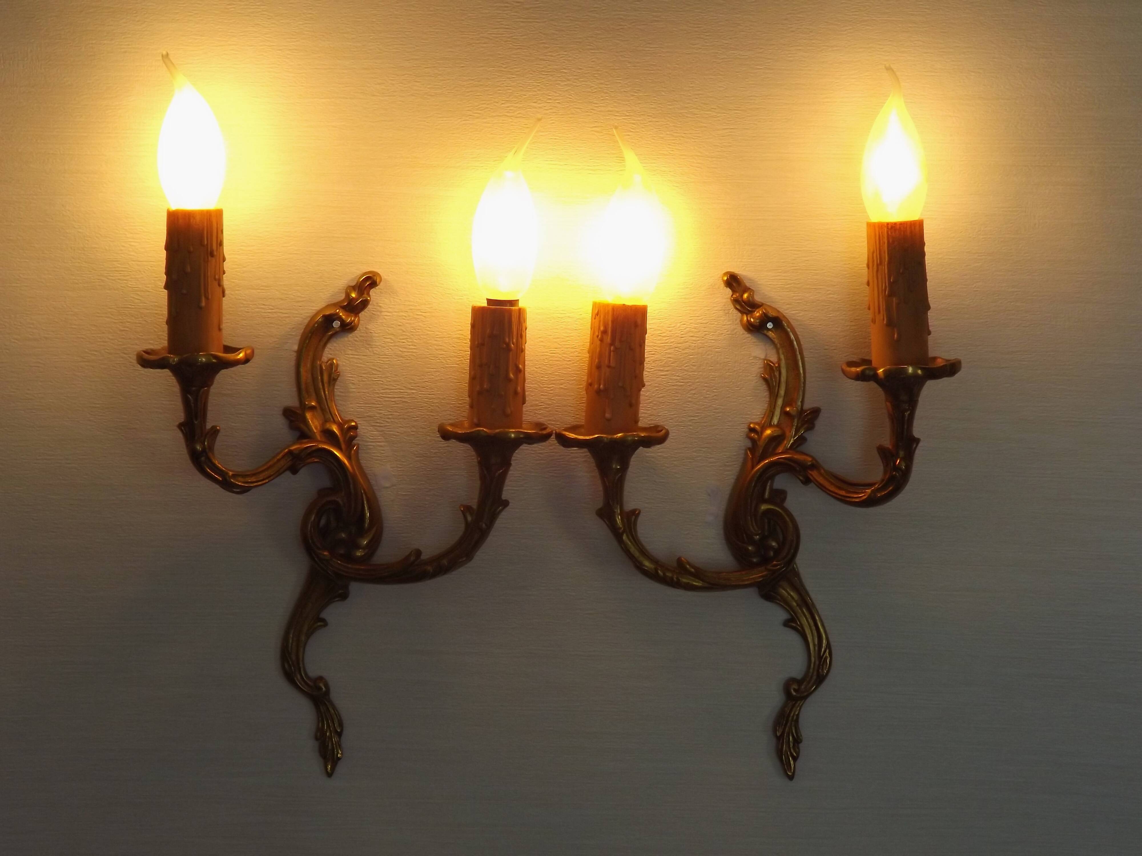 Pair of Elegant French Bronze Opposite Acanthus Leaf Double Wall Sconces
