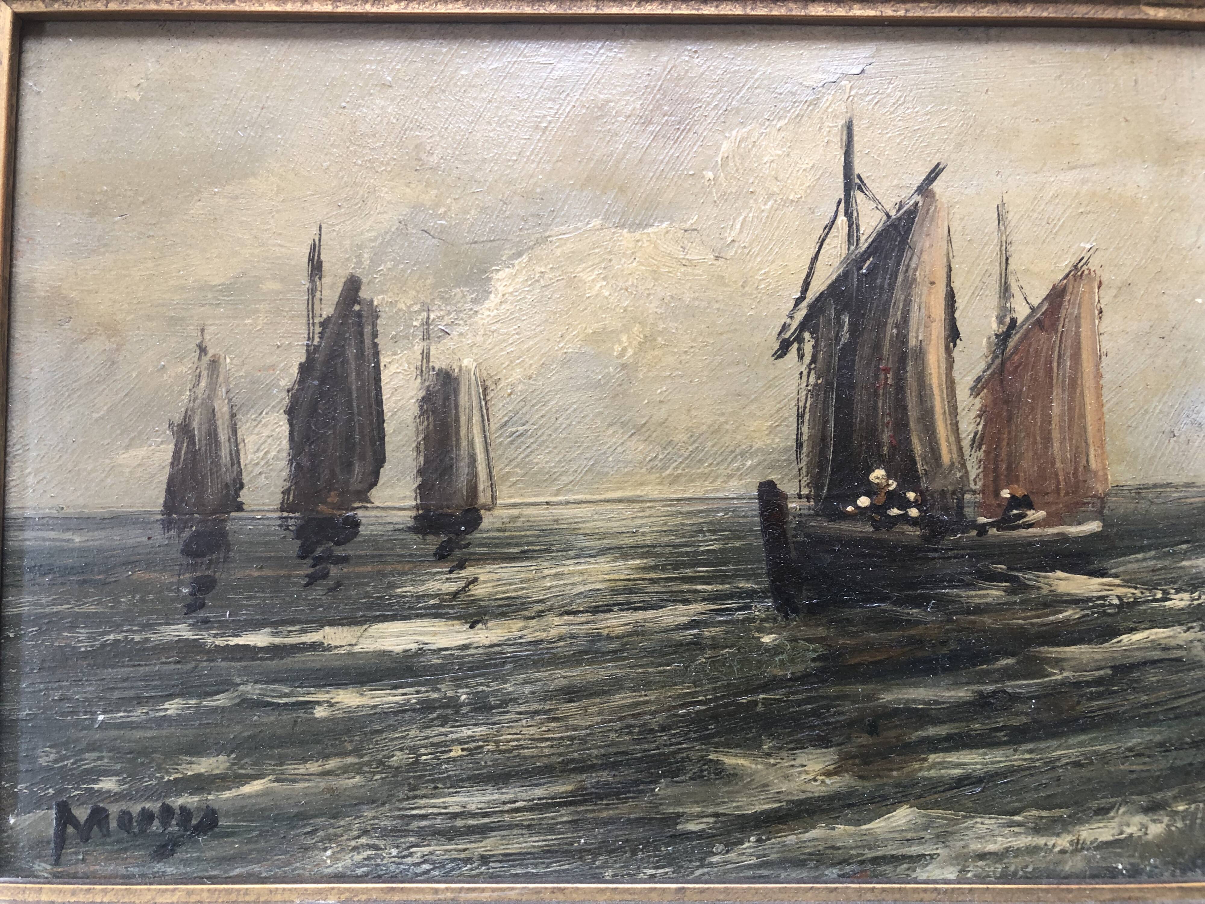 Oil on panel MARINE early 20th century, sailing boat, fishing boat, signed