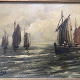 Oil on panel MARINE early 20th century, sailing boat, fishing boat, signed