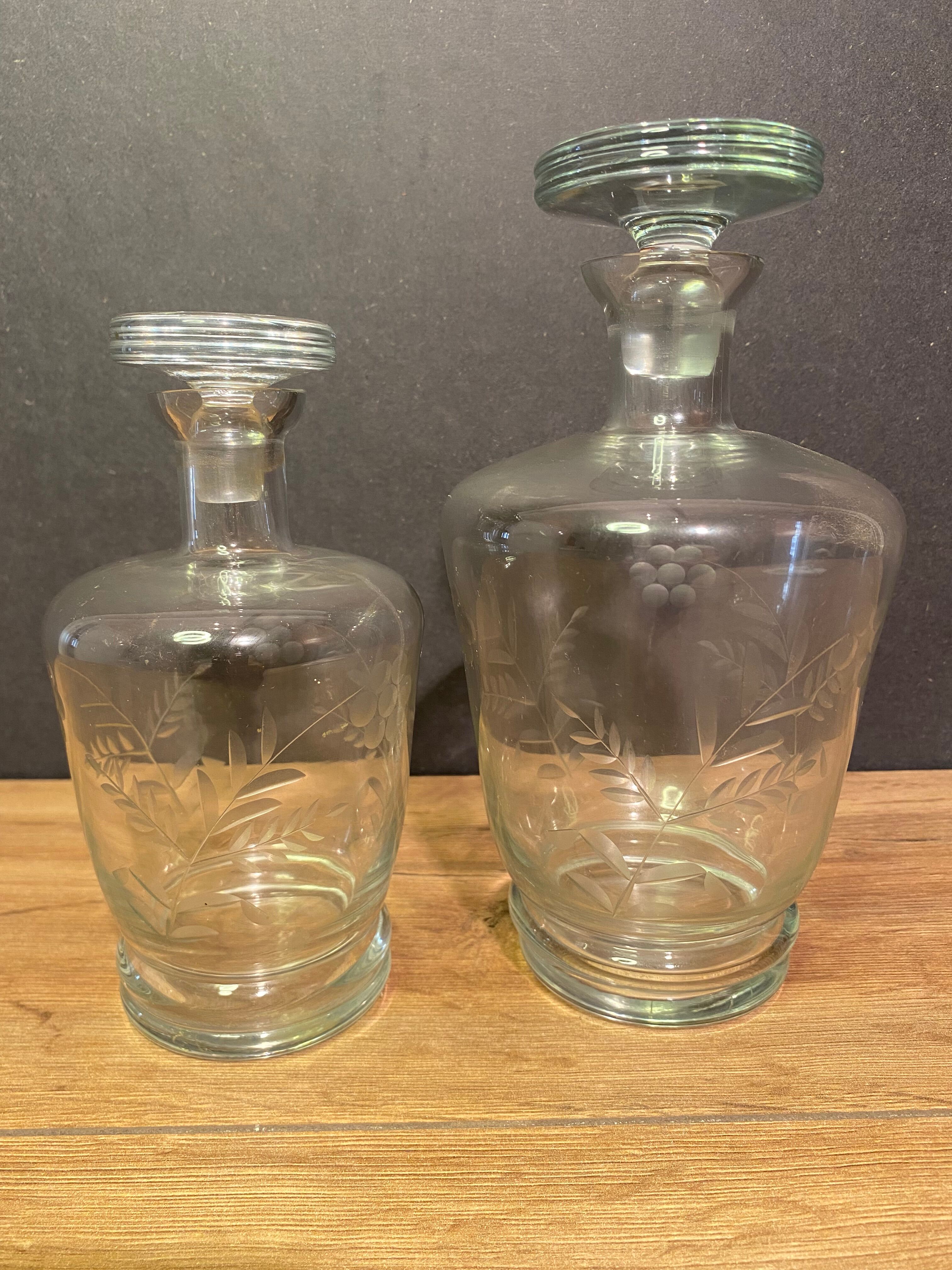 Two carafes in cut glass with vegetal decoration, vintage design
