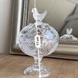 Pressed glass candy box with bird decor – 17 cm – Perfect condition