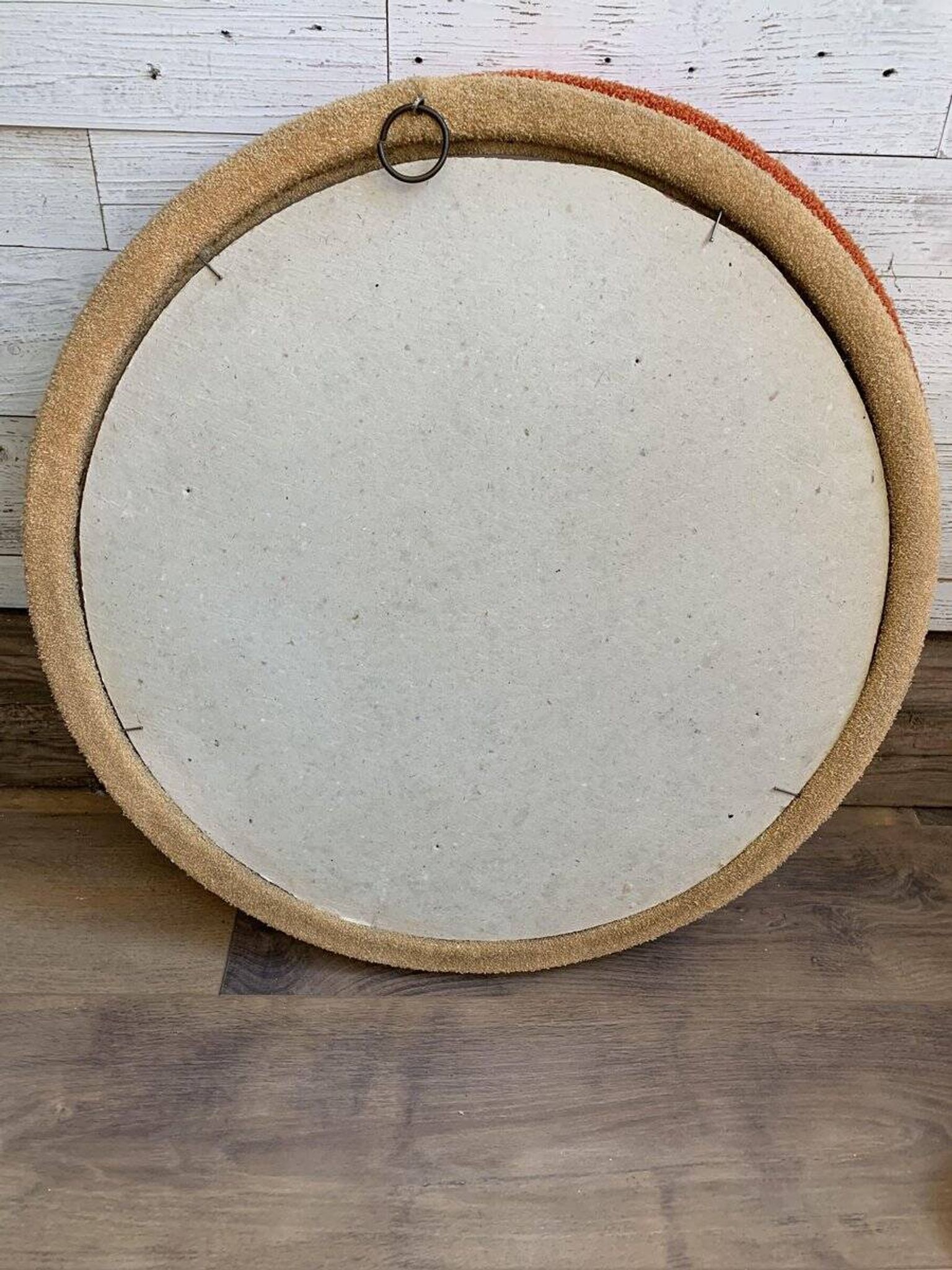 Vintage 1950s round wall mirror, wooden frame and mirror, yellow finish.