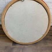Vintage 1950s round wall mirror, wooden frame and mirror, yellow finish.