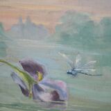 French School circa 1900 “Irises and dragonflies” Painted silk.