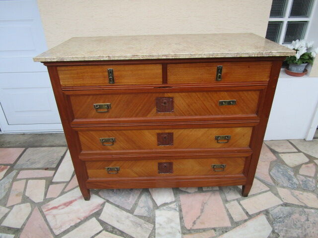 Low art-deco wood and marble chest of drawers