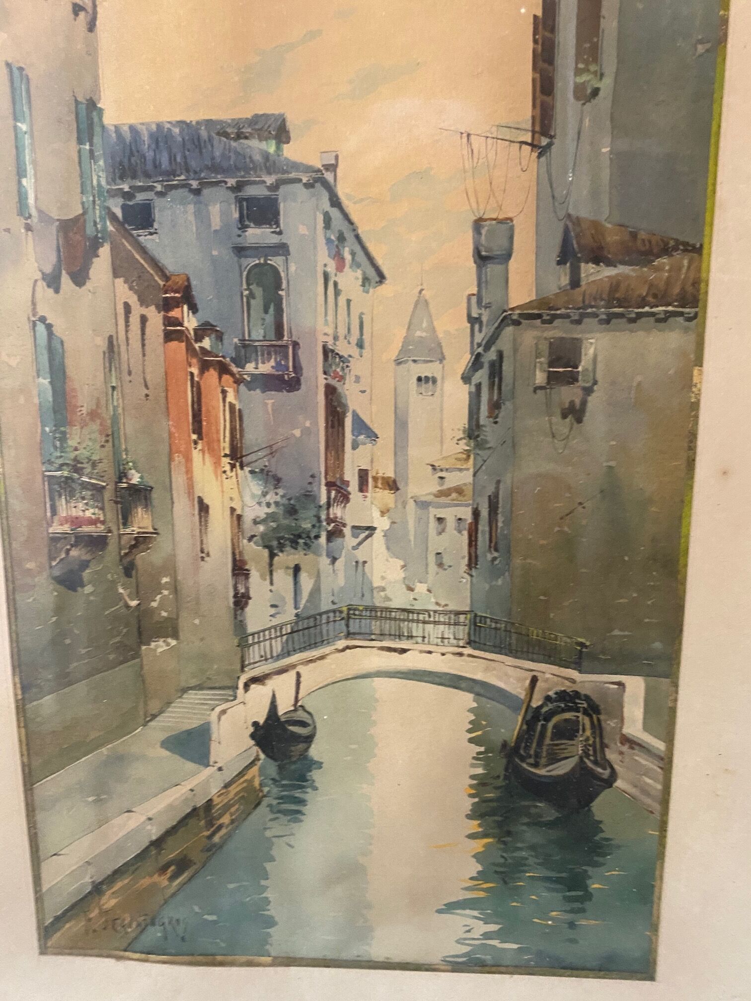 Watercolor signed f. jeannin gros - rialto in venice framed and under glass early twentieth century