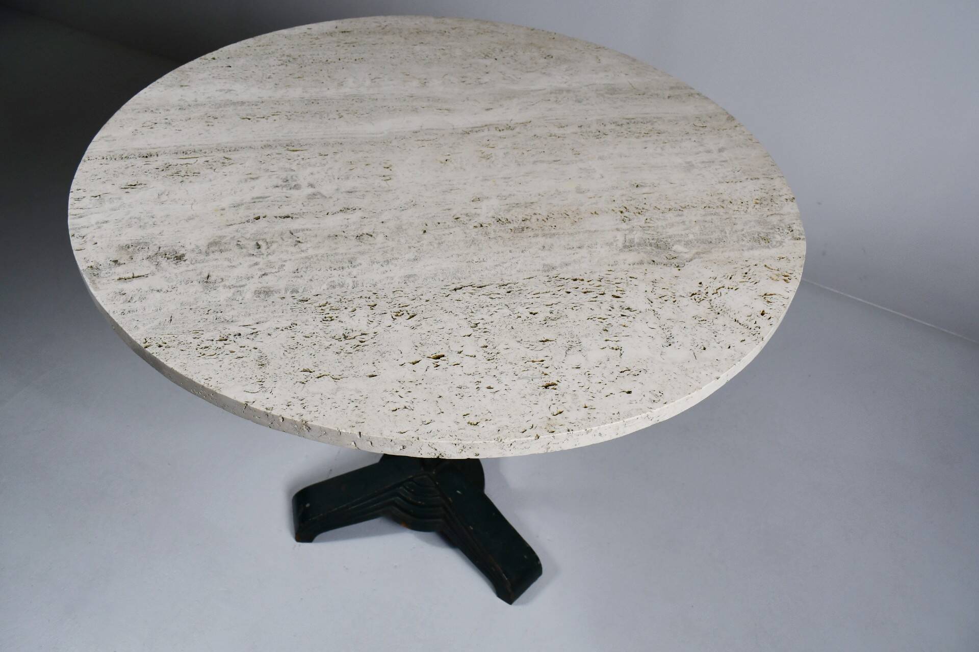 Vintage travertine bistro/dining table, solid metal base. (A)