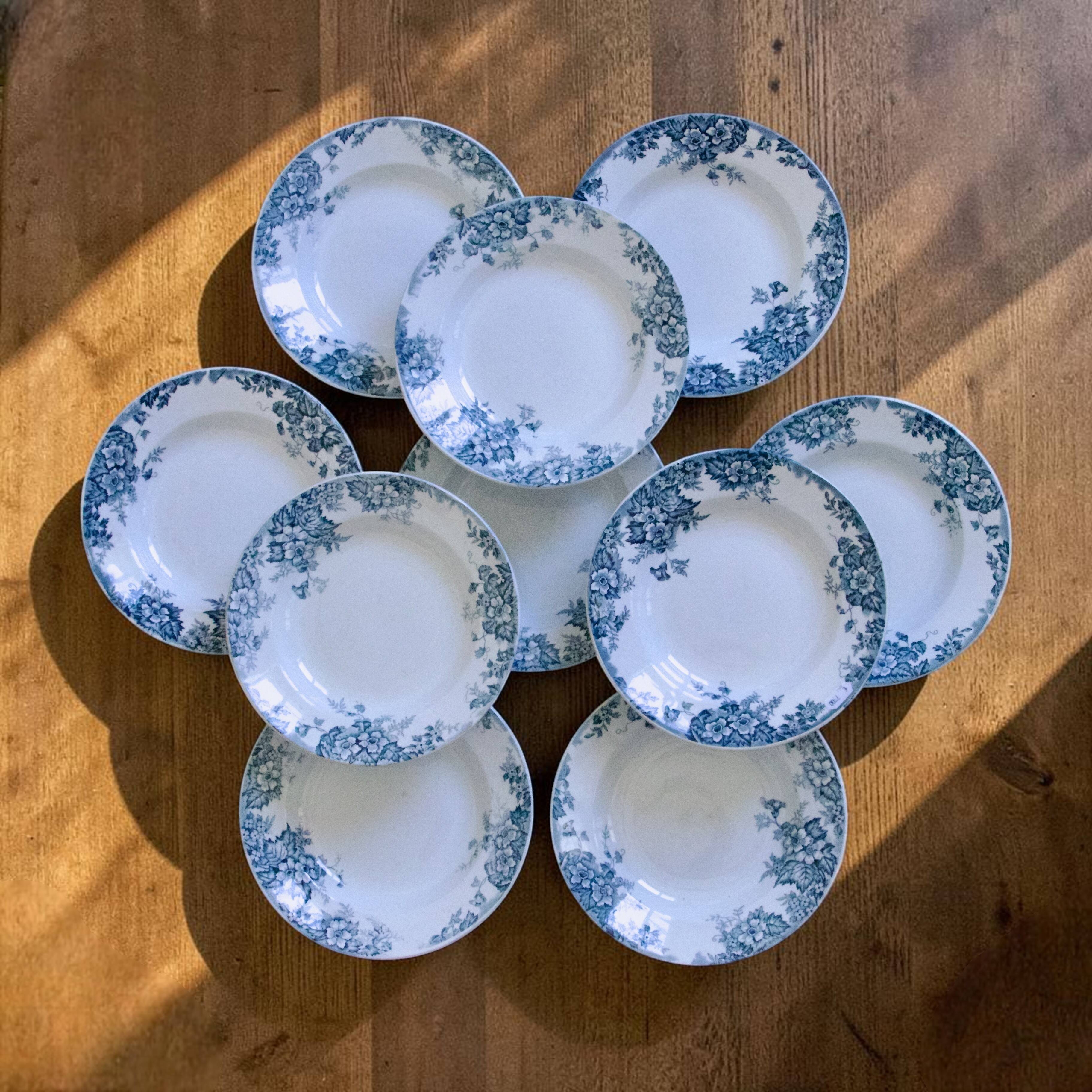 10 antique ironstone plates signed Moulin des Loups "Marie Louise"