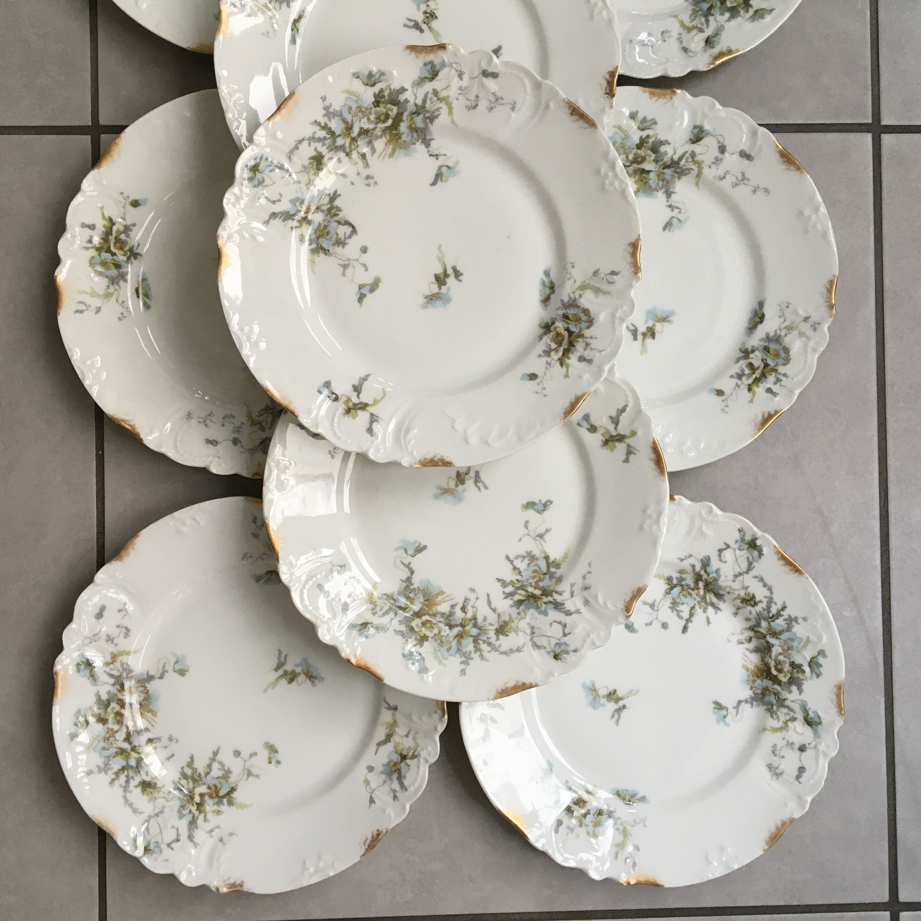 set of 9 plates Clématites porcelain Limoges Art Nouveau