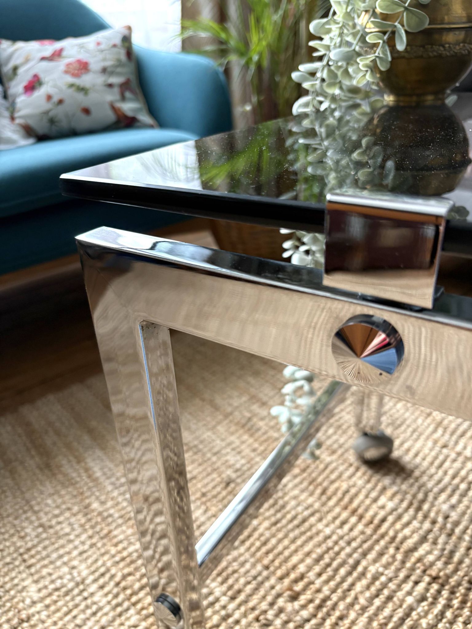 Chrome and smoked glass coffee table on wheels 1970