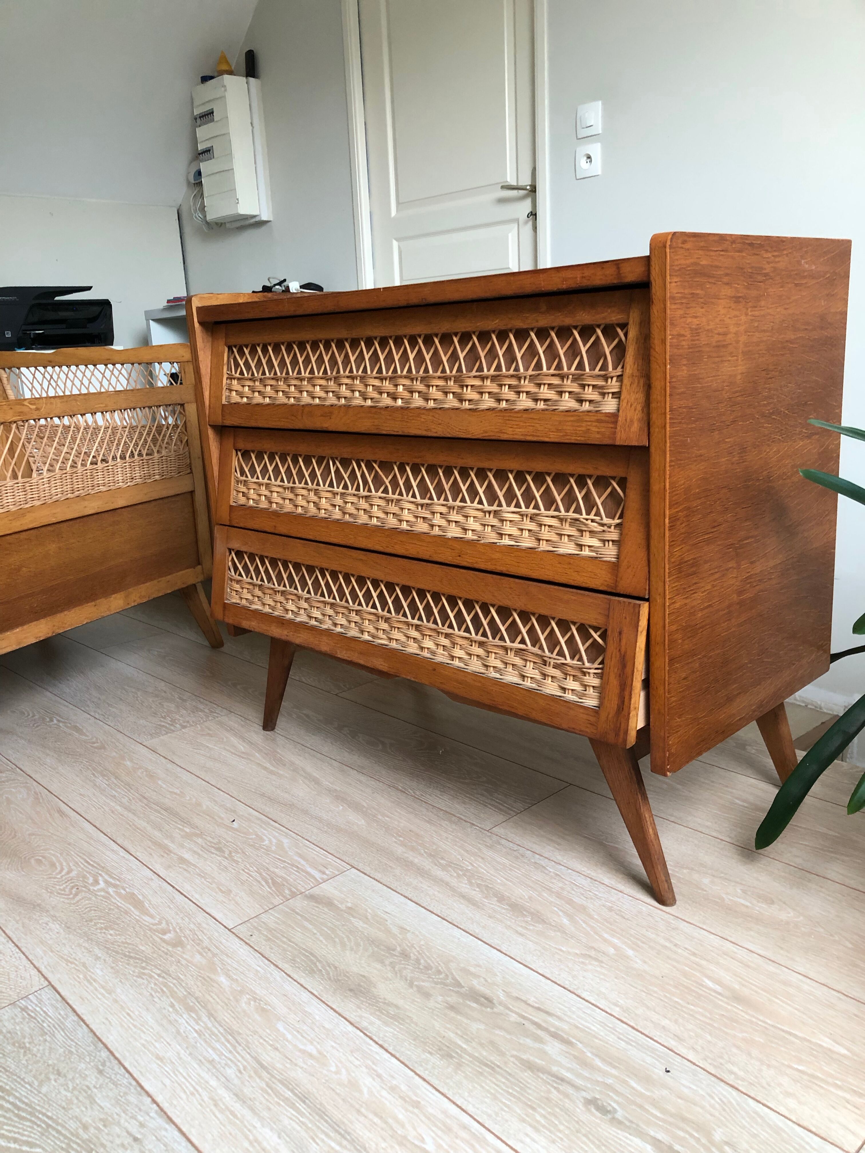 Vintage wood and rattan chest of drawers