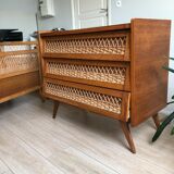 Vintage wood and rattan chest of drawers