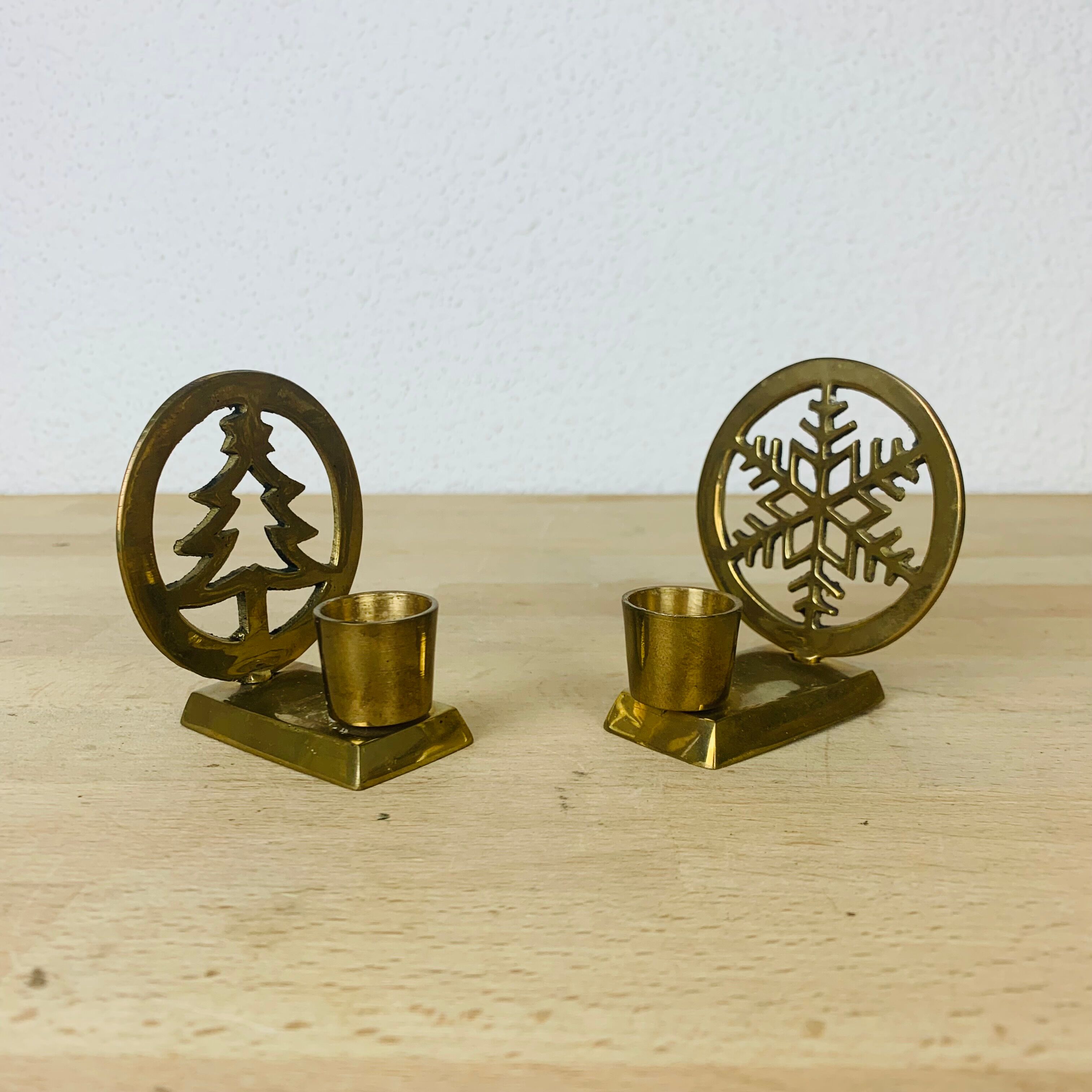 2 brass candlesticks christmas tree and star