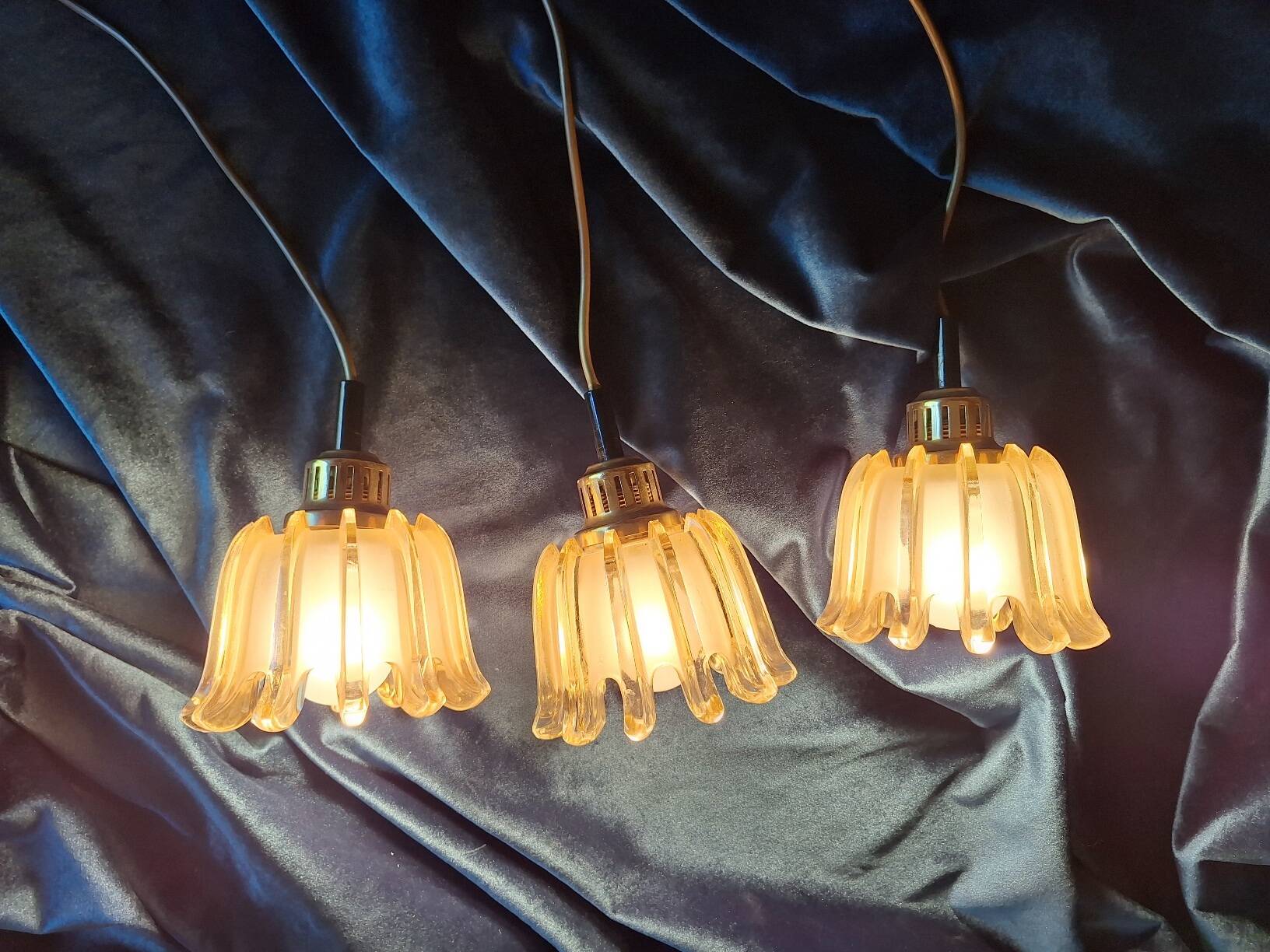 Set of 3 Doria pendant lights in brass and amber-coloured glass, 1960s