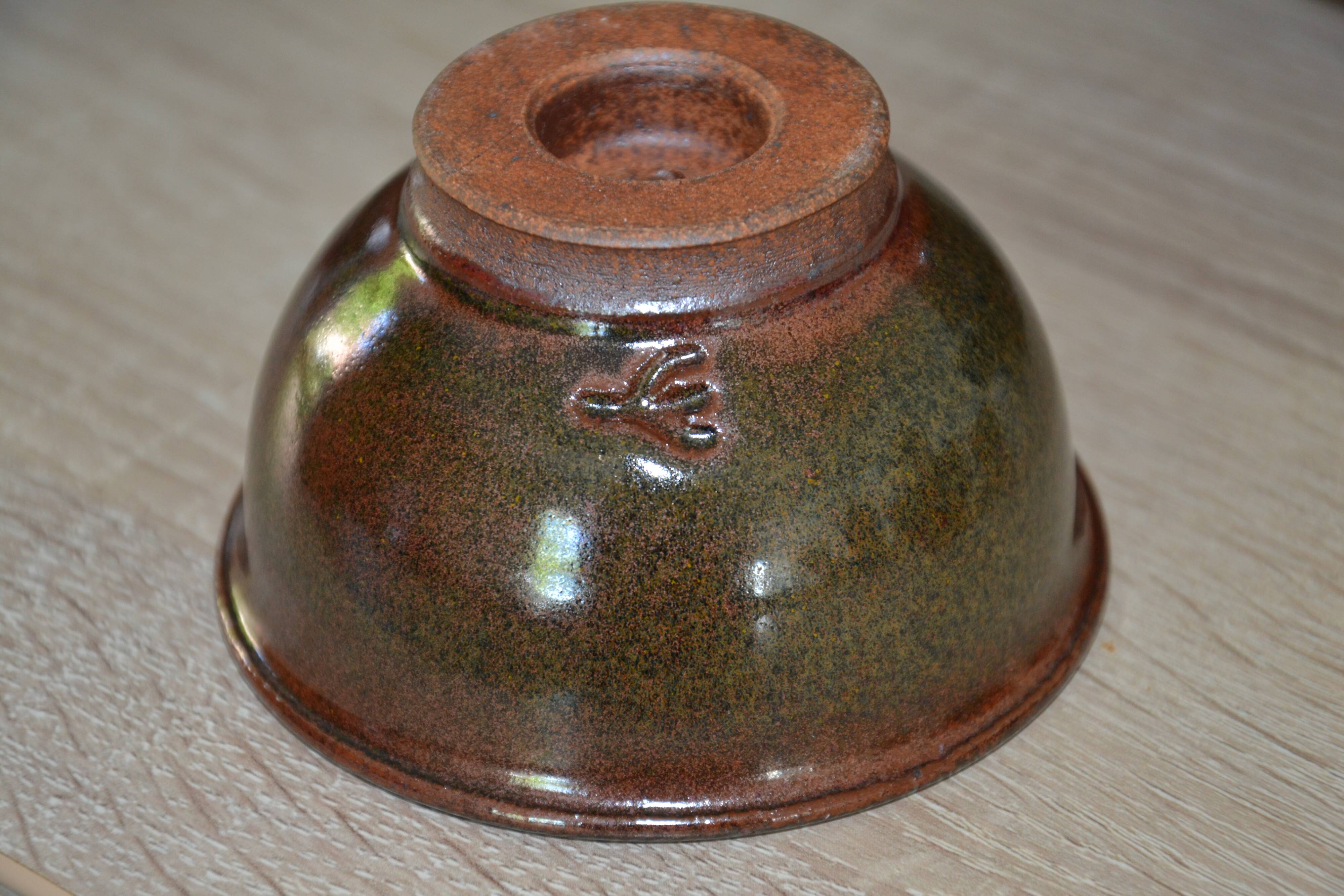 Antique stoneware teapot and its six signed bowls