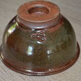 Antique stoneware teapot and its six signed bowls