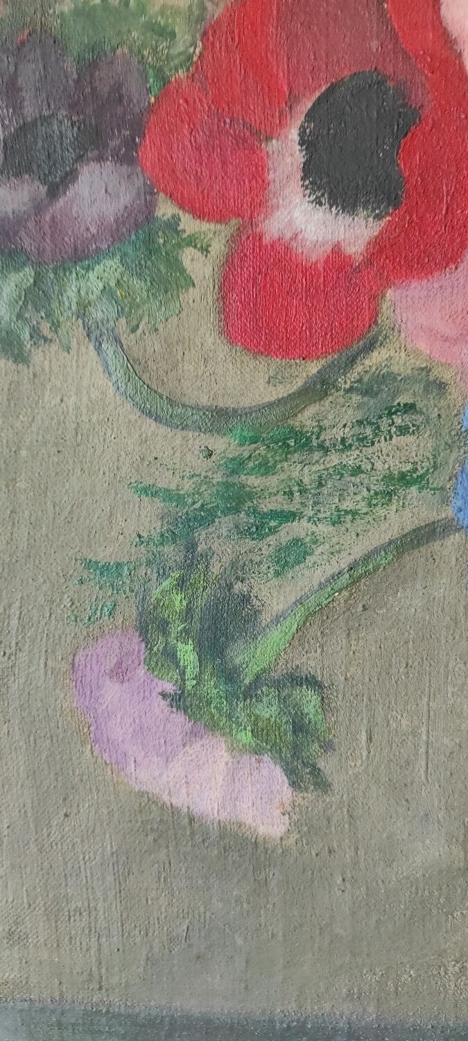 Painting bouquet of anemone flowers from the 40s signed