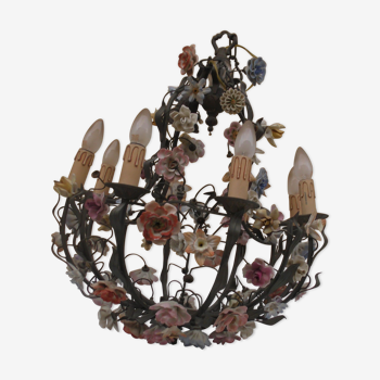 Bronze chandelier and porcelain flowers 1950s